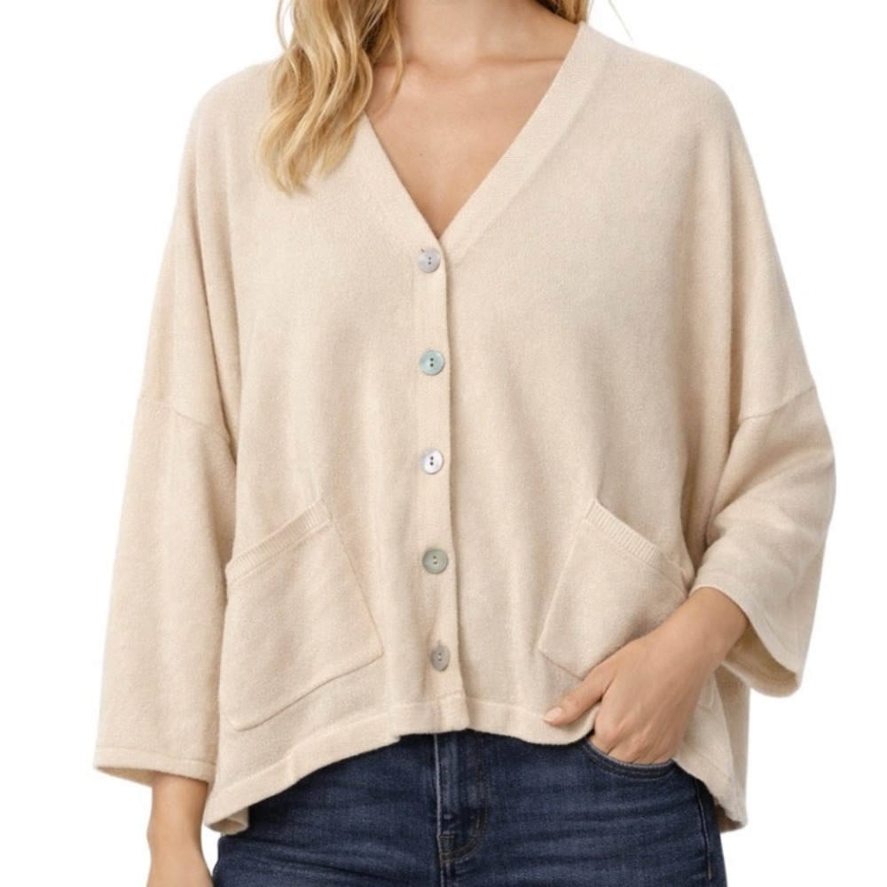 Barefoot Dreams CozyChic Womens Cardigan Cream Button 3/4 Sleeve Pockets Size M
